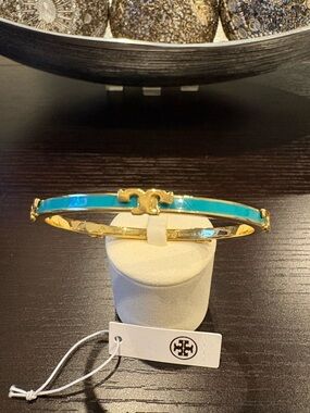 Tory Burch Gold and Turquoise Enamel Logo Hinged Bangle